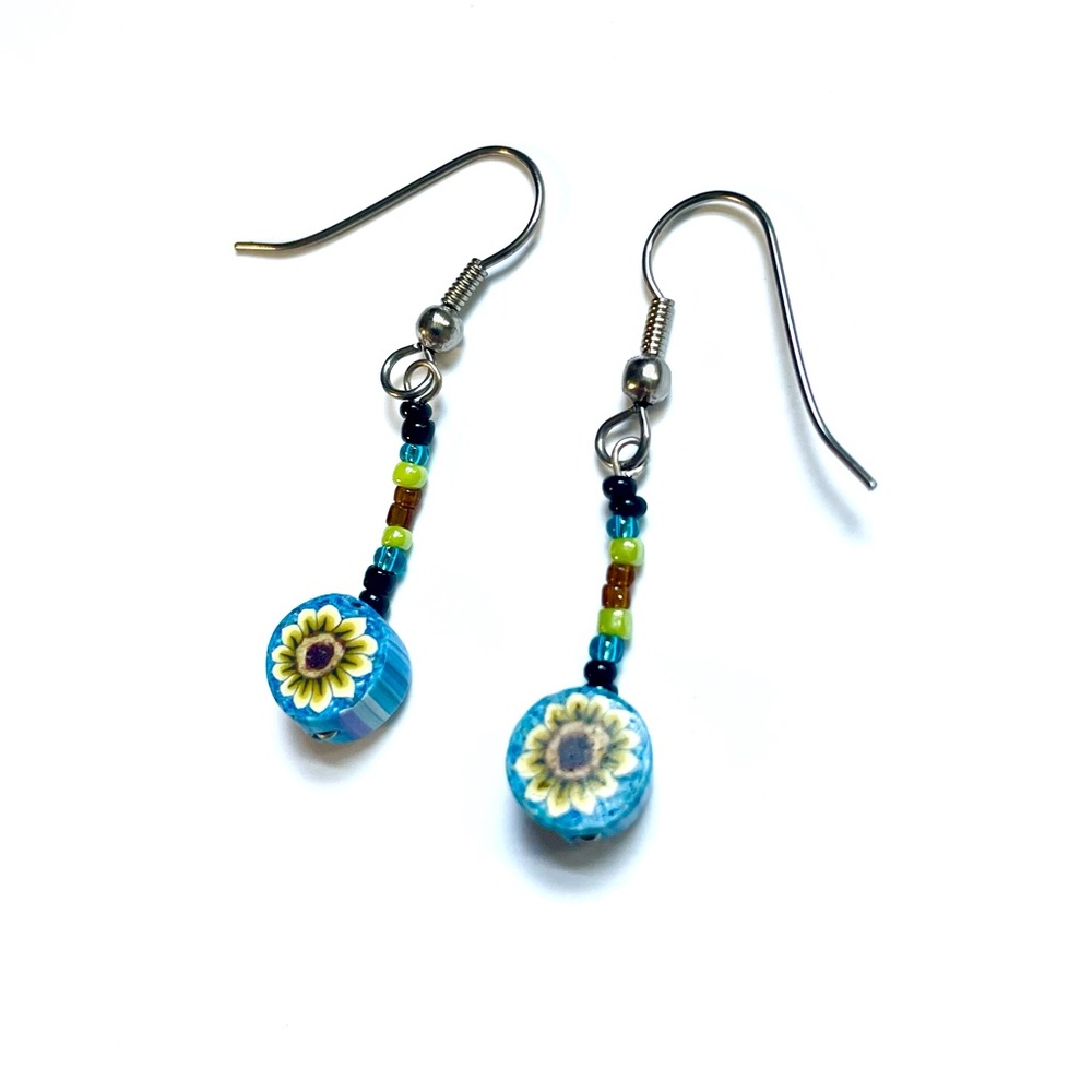 Fimo Clay Sunflower Beaded Dangle Earrings